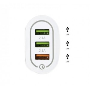 Αντάπτορας Πρίζας Τοίχου Λευκός USB 3 port 2,1A 5V Fast Charge 3.0 BK373 Φορτιστές-USB Καλώδια