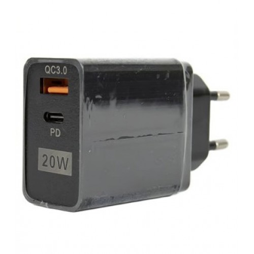 Αντάπτορας Πρίζας Τοίχου ΜΑΥΡΟΣ USB & USB Type-C 20W 5V Fast Charge 3.0 BK383B